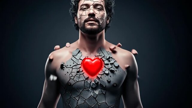 Man breaking free from chains and cracked skin, revealing glowing heart. Emotional transformation and personal growth concept, 3d footage.