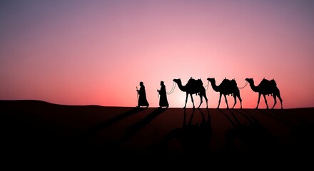 Three Wise Men banner, dusk pink&ndash;purple gradient, camel silhouette