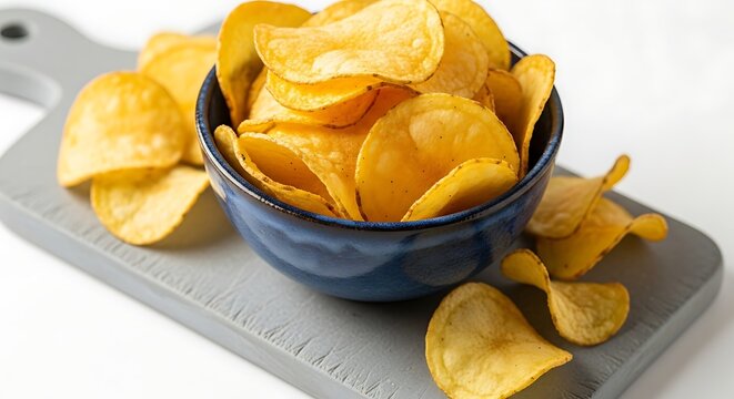 A bowl of golden potato chips on a wooden board, a delicious snack for any occasion, perfect for sharing with friends and family - Powered by Adobe