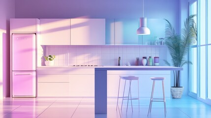 Fototapeta premium Modern kitchen interior with vibrant pink and blue neon lighting