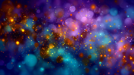 Gold, blue, purple, and light blue circles on a black background. Background with an abstract bokeh effect.
