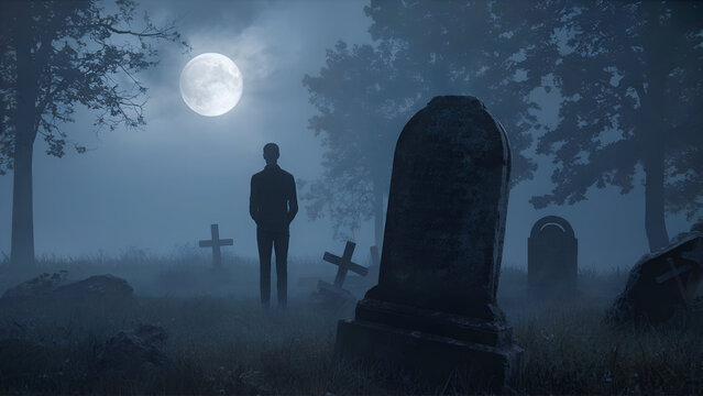 Man silhouette in foggy graveyard under a full moon at night