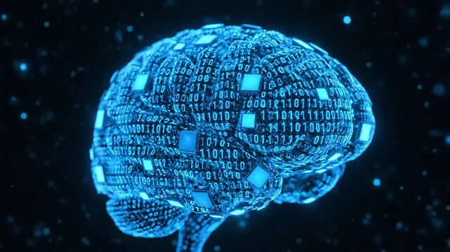 Digital brain formed from binary code, representing artificial intelligence and advanced technology.