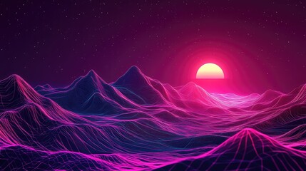 Retro futuristic wireframe mountains with neon sunset