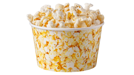 Salty and sweet popcorn snack in a white bucket and glass bowl, isolated for a delicious movie entertainment
