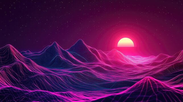 Retro futuristic wireframe mountains with neon sunset
