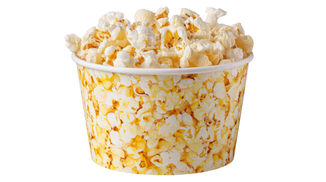 Salty and sweet popcorn snack in a white bucket and glass bowl, isolated for a delicious movie entertainment