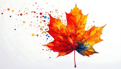 Autumn maple leaf with colorful paint dots on pastel background