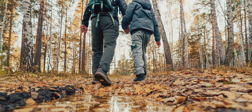 A father and son walking on the forest trail covered with fallen autumn leaves. The father-son relationship involves shared adventures that help strengthen their bond