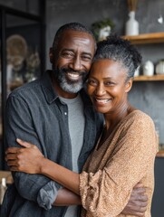 Fototapeta premium smiling mature couple holding each other at home loving african couple standing in living room embracing and looking at camera husband hugging wife from stomach at new apartment with copy space no lo