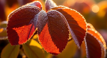 Frost Covered Red Leaves Glistening in the Morning Sunlight.