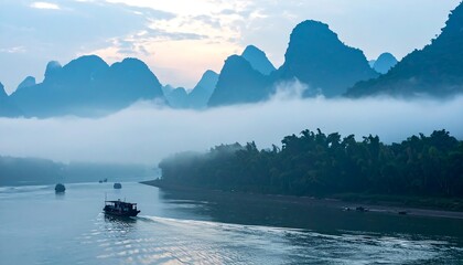 Small wooden boats on peaceful calm river at sunrise