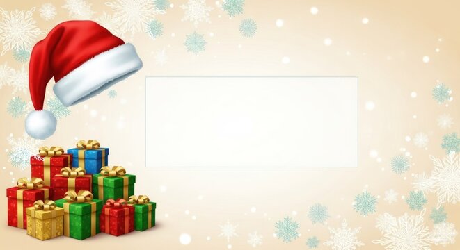 Christmas gift boxes with a Santa hat on a beige background with snowflakes.