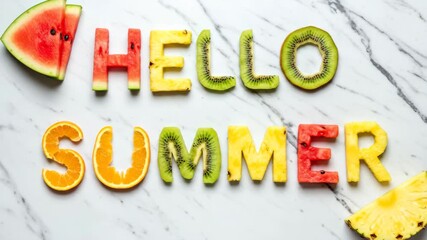 Fresh fruit letters forming "hello summer" on marble, seasonal healthy food concept, refreshing holiday footage.