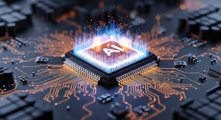Central processing unit with glowing ai symbol and illuminated circuit board