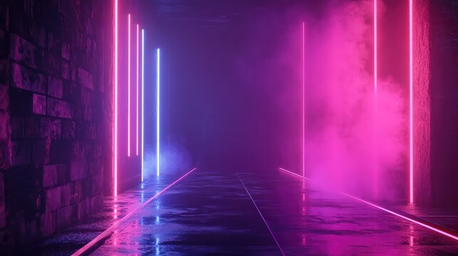 Cyberpunk alley with neon light glowing in fog - Powered by Adobe