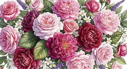 A beautiful bouquet of pink and red roses with green leaves creates a romantic and elegant floral arrangement for any occasion