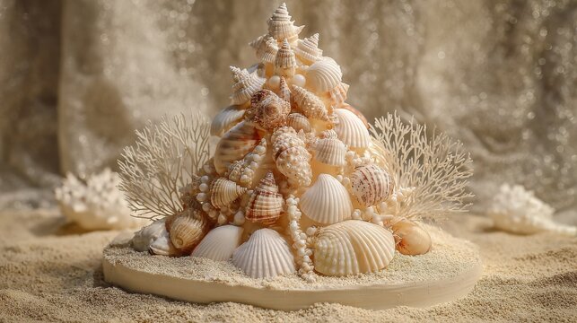 natural seashell christmas tree arrangement on sandy base with coastal theme
