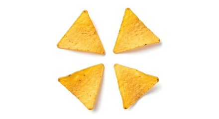 Four triangular corn tortilla chips arranged in a cross shape