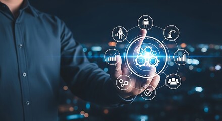 Man touching modern automation screen interface for smart industrial technology