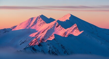 Naklejka premium Majestic Snow-Capped Mountains Bathed in Golden Hour Light.