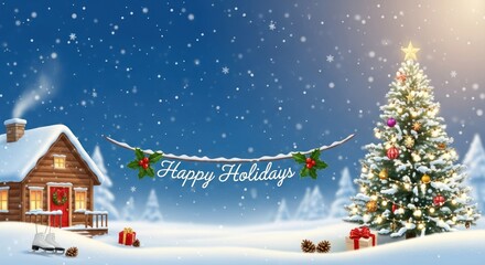 A cozy cabin with a Christmas tree and snowflakes falling in a snowy landscape.