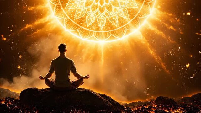 Man meditates on rock beneath glowing mandala sending spiritual light rays. Person practices meditation under mandala portal. Man sits meditating with spiritual energy. Golden mandala meditation pract