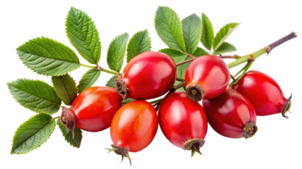 Fresh ripe red rose hips with vivid green leaves on branch