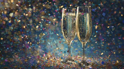 sparkling celebration with two champagne flutes amidst a cascade of vibrant confetti and shimmering lights