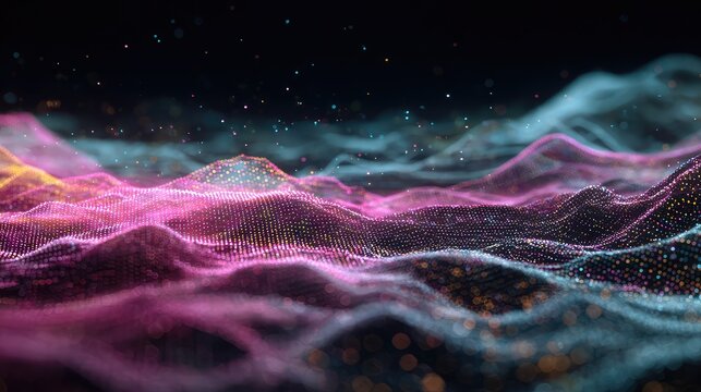 Digital data landscape forming undulating particle waves