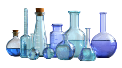 Blue laboratory glass bottles with chemical liquid are isolated on white for science experiment analysis