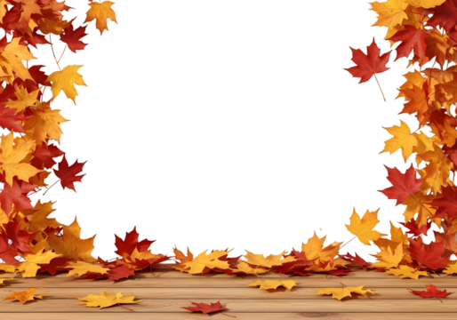 Autumn Leaves Frame Over Wooden Floor PNG – Warm Fall Season Background for Invitations and Greeting Cards