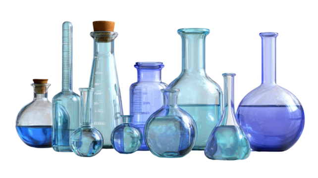 Blue laboratory glass bottles with chemical liquid are isolated on white for science experiment analysis