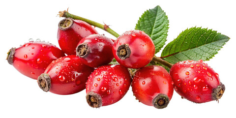 Vibrant fresh rose hips on stem with dew drops, close-up