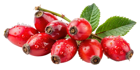 Vibrant fresh rose hips on stem with dew drops, close-up