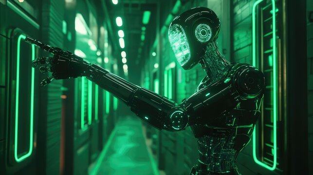 Futuristic robot pointing in neon green corridor