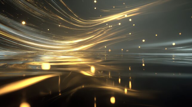 Flowing golden light streaks on dark reflective surface