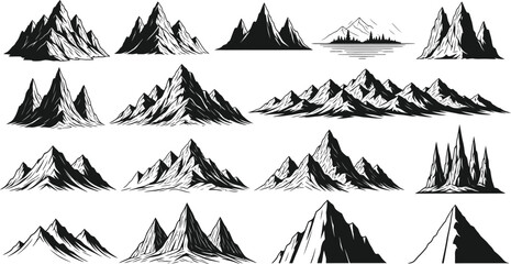 Collection of hand drawn black and white mountain peaks and ranges in a graphic style