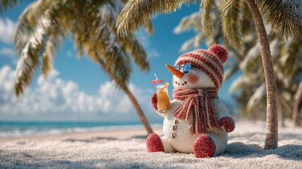 a snowman sitting on a tropical beach sipping a drink under a palm tree christmas marketing photo christmas travel  holiday advertising website advert christmas
