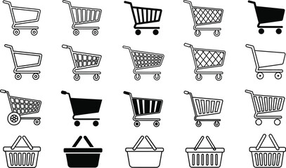 Collection of hand drawn shopping carts and baskets in various styles and patterns for retail and commerce concepts