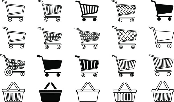 Collection of hand drawn shopping carts and baskets in various styles and patterns for retail and commerce concepts
