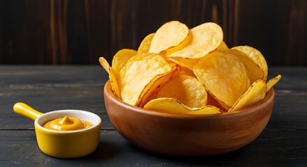 A wooden bowl filled with crispy potato chips next to a small yellow dish of mustard on a dark wooden surface