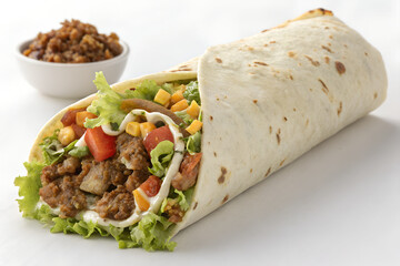 Delicious Beef Burrito with Fresh Vegetables and Rice on Side

