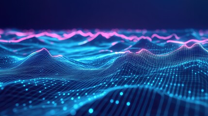 Digital landscape with glowing network data waves