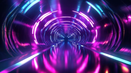 Futuristic neon light tunnel reflecting glowing cyberpunk colors
