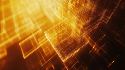 Abstract golden wireframe cubes forming a digital network