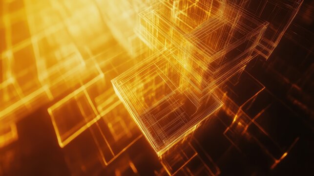 Abstract golden wireframe cubes forming a digital network