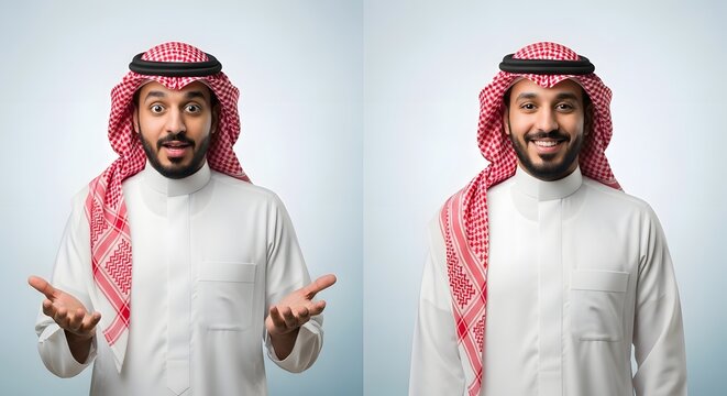 A smiling man wearing traditional Middle Eastern attire with a red and white checkered headscarf and white thobe, gesturing with open hands against a plain light blue background