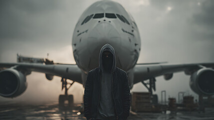 male tourist standing in front of airplane, highlighting global travel concept, confident stance, outdoor airport mood, aviation scene, and modern journey lifestyle in a bright travel environment
