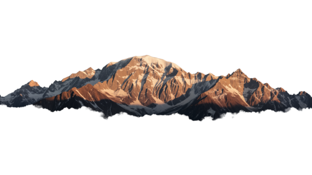 Snow-capped mountain peaks glowing in sunlight, rugged textures highlighted by shadows, a majestic natural landscape under a clear sky. transparent background.